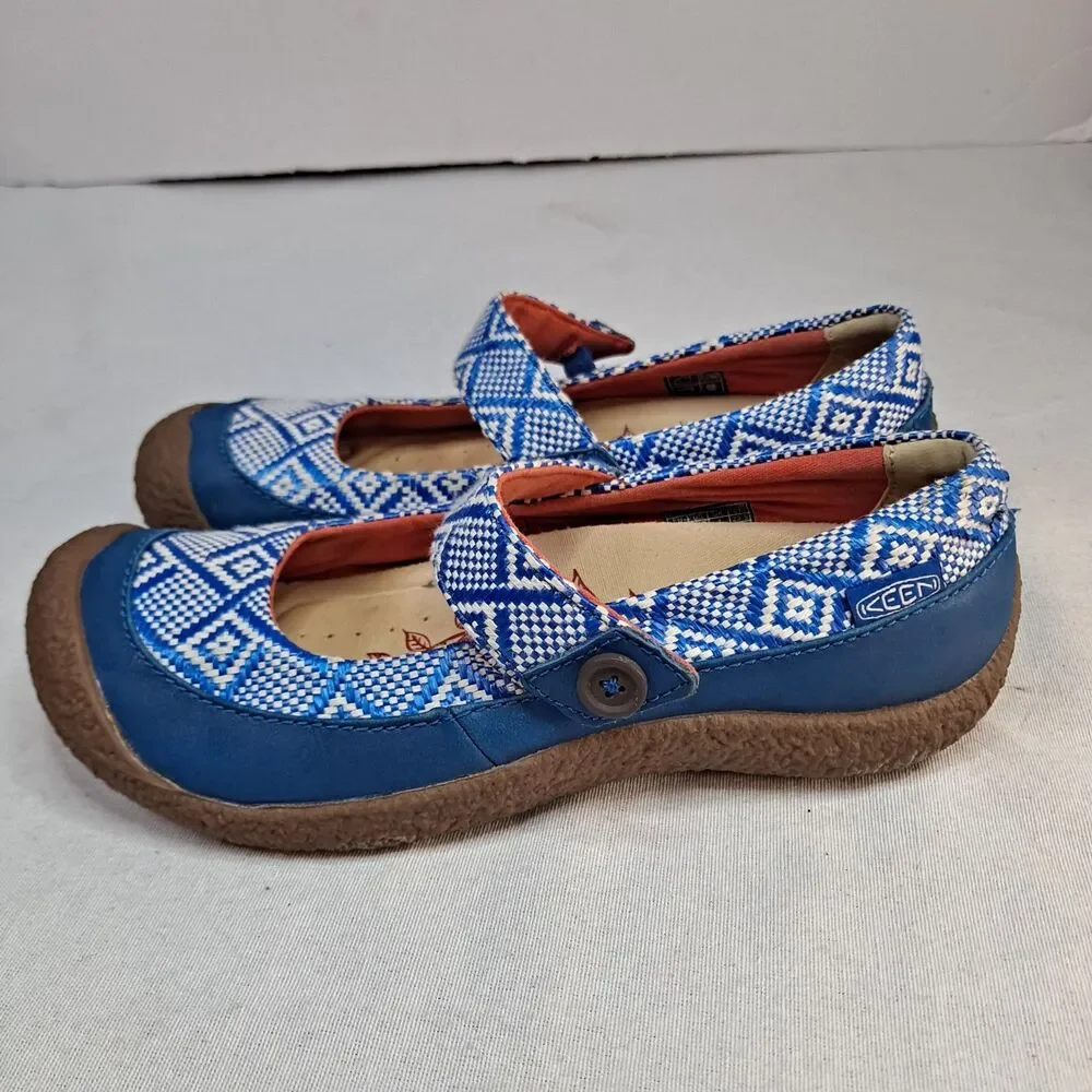 Keen Harvest Button Mary Jane Shoes Women's 6.5M Blue and White ikat pattern